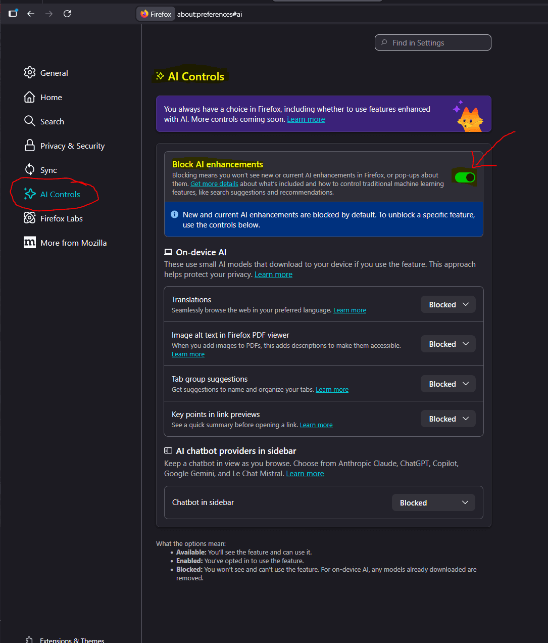 Firefox AI Controls settings panel