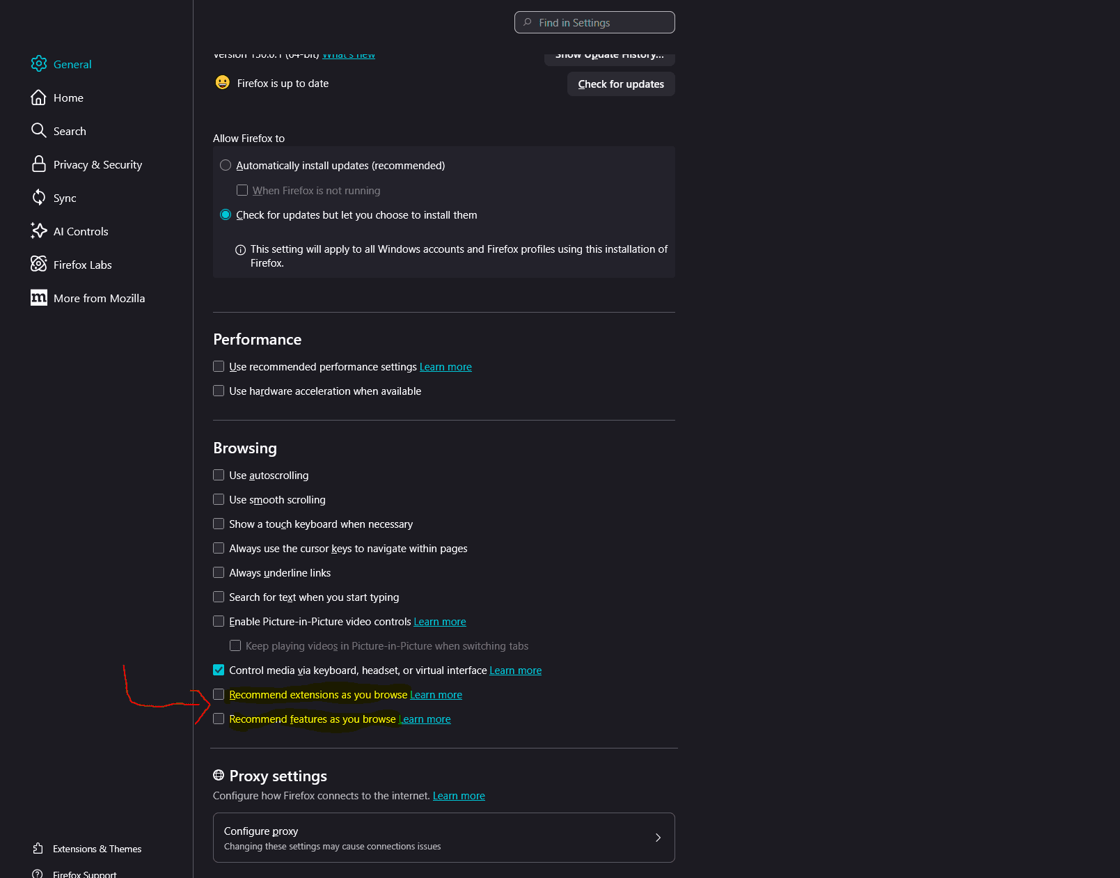 Firefox General settings panel