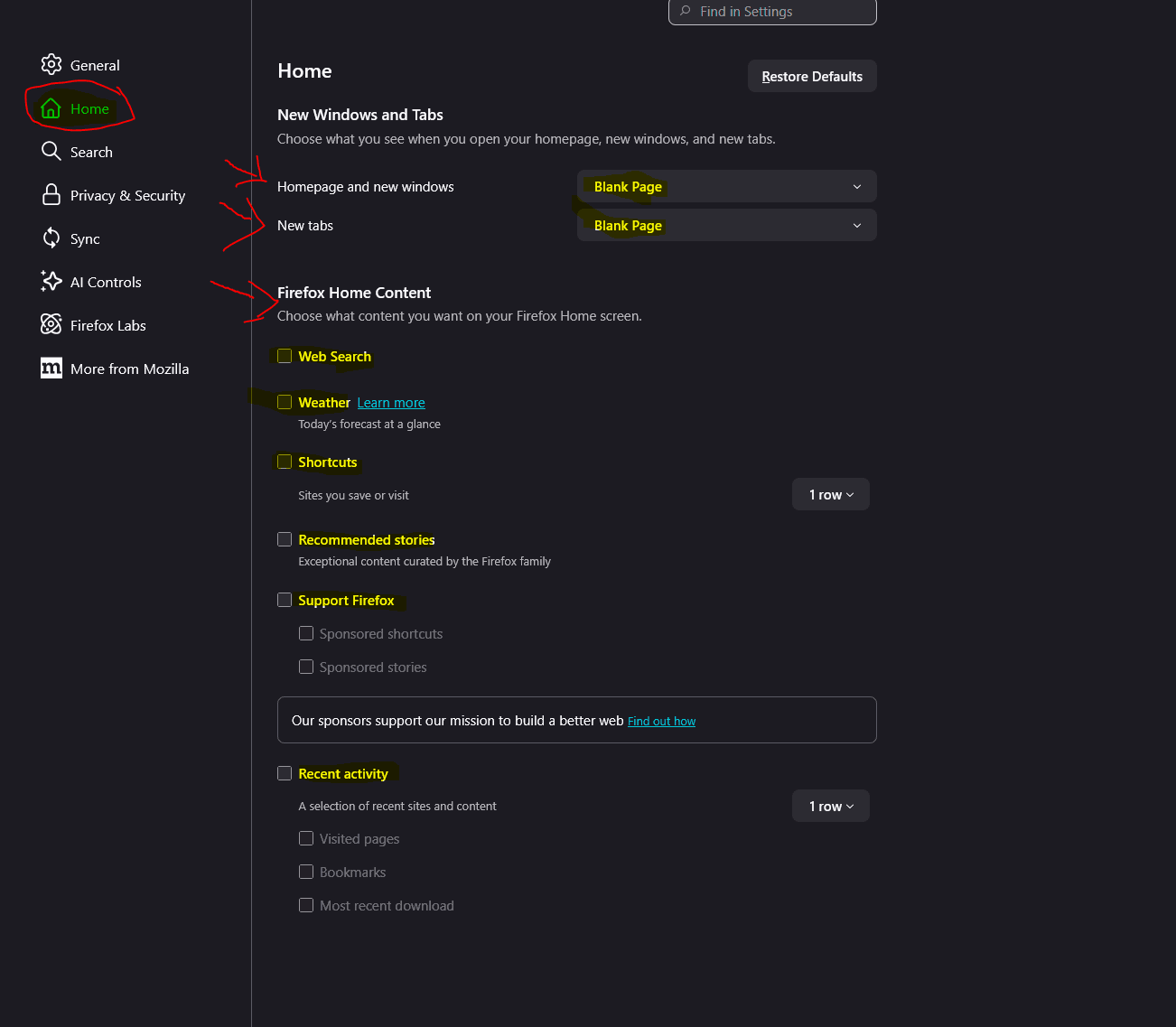 Firefox Home settings panel