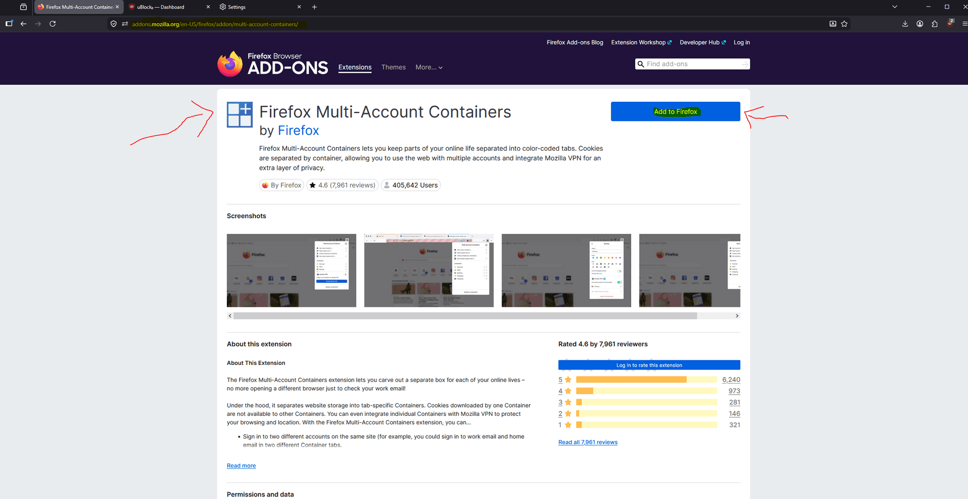 Firefox Multi-Account Containers installation panel