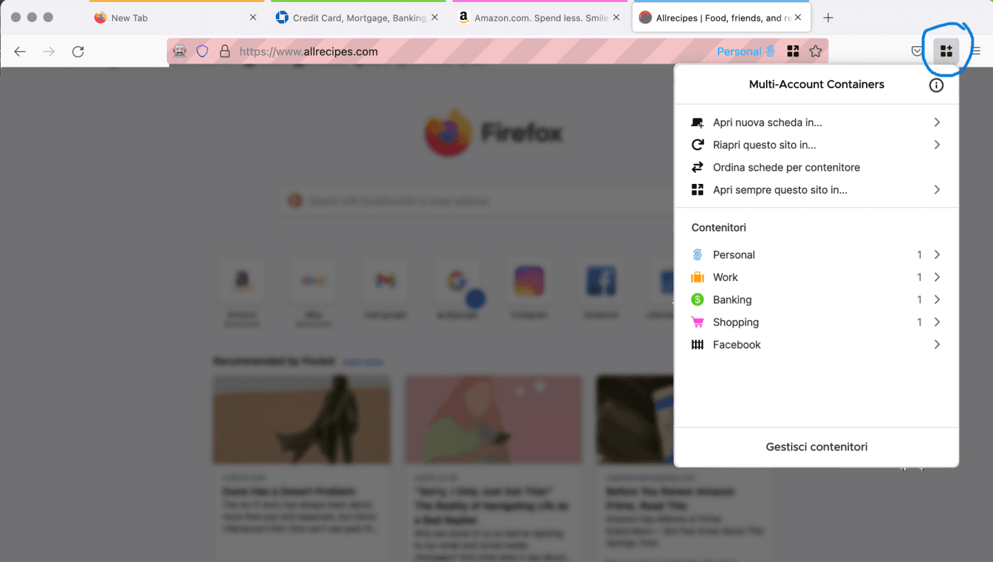 Firefox Multi-Account Containers settings panel