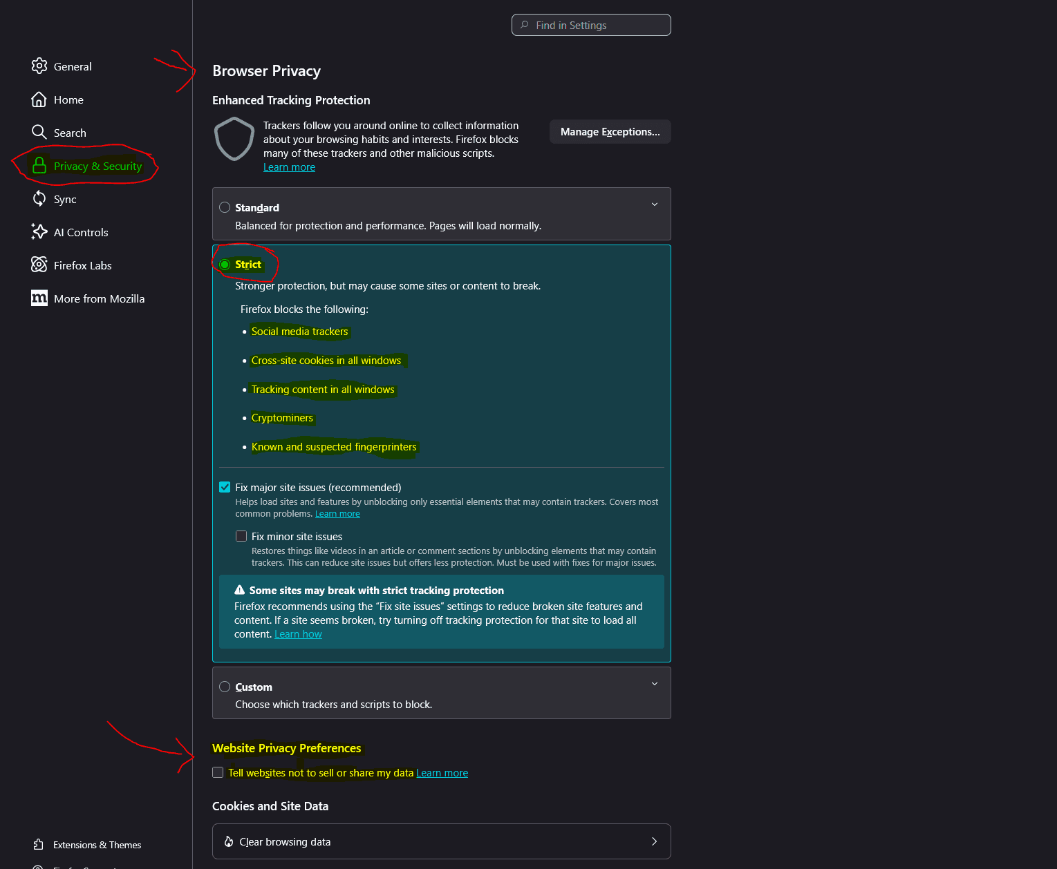 Firefox privacy and security settings panel