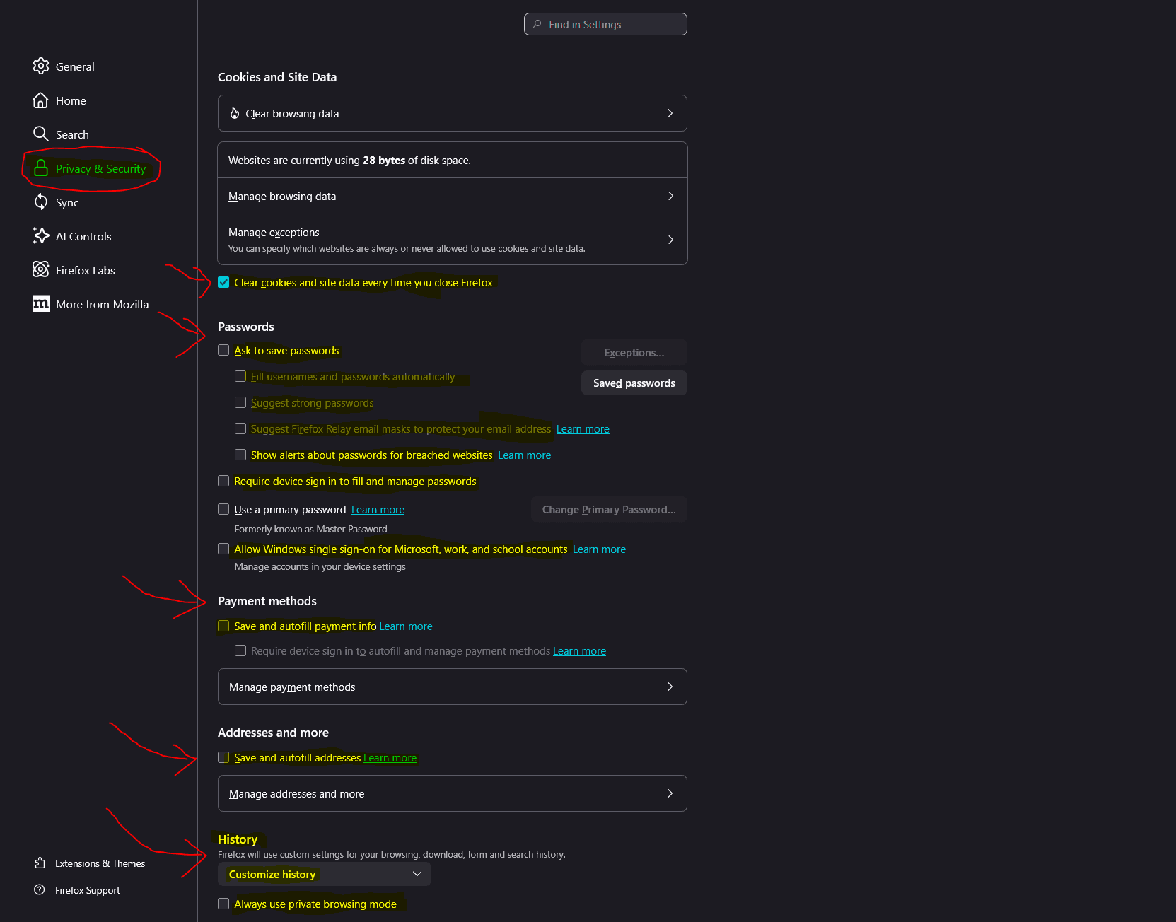 Firefox privacy and security settings panel