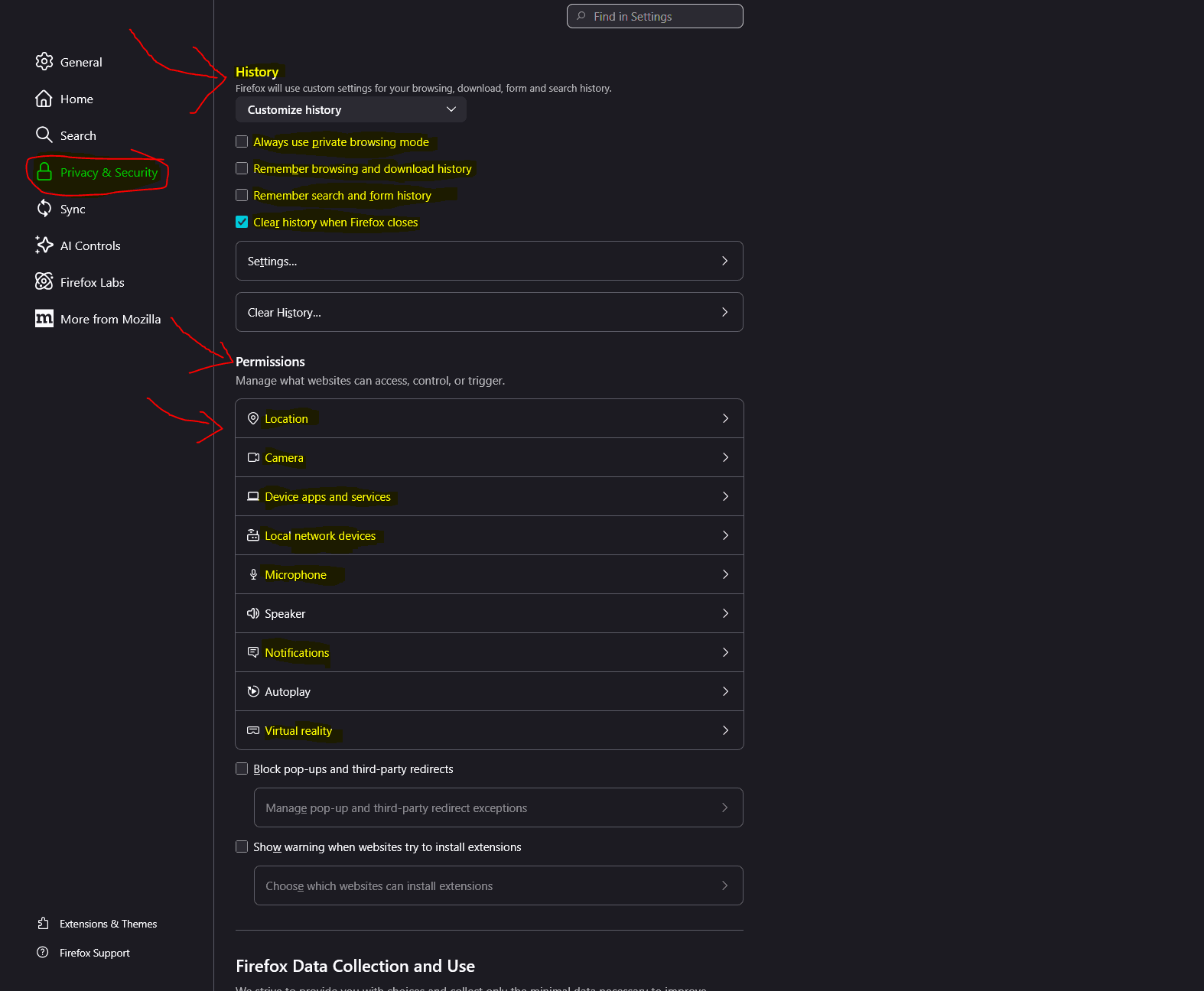 Firefox privacy and security settings panel