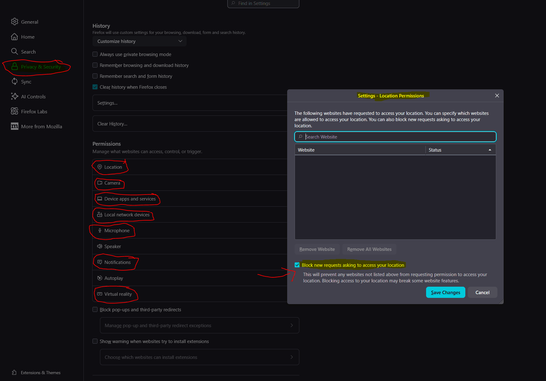 Firefox privacy and security settings panel