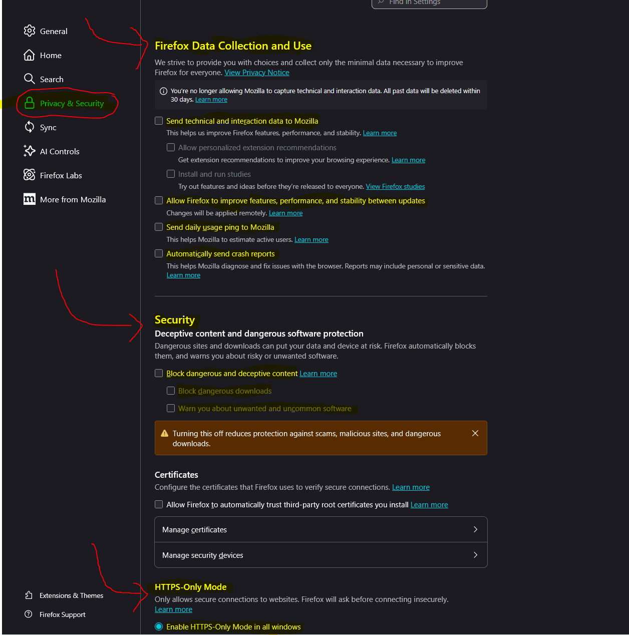 Firefox privacy and security settings panel