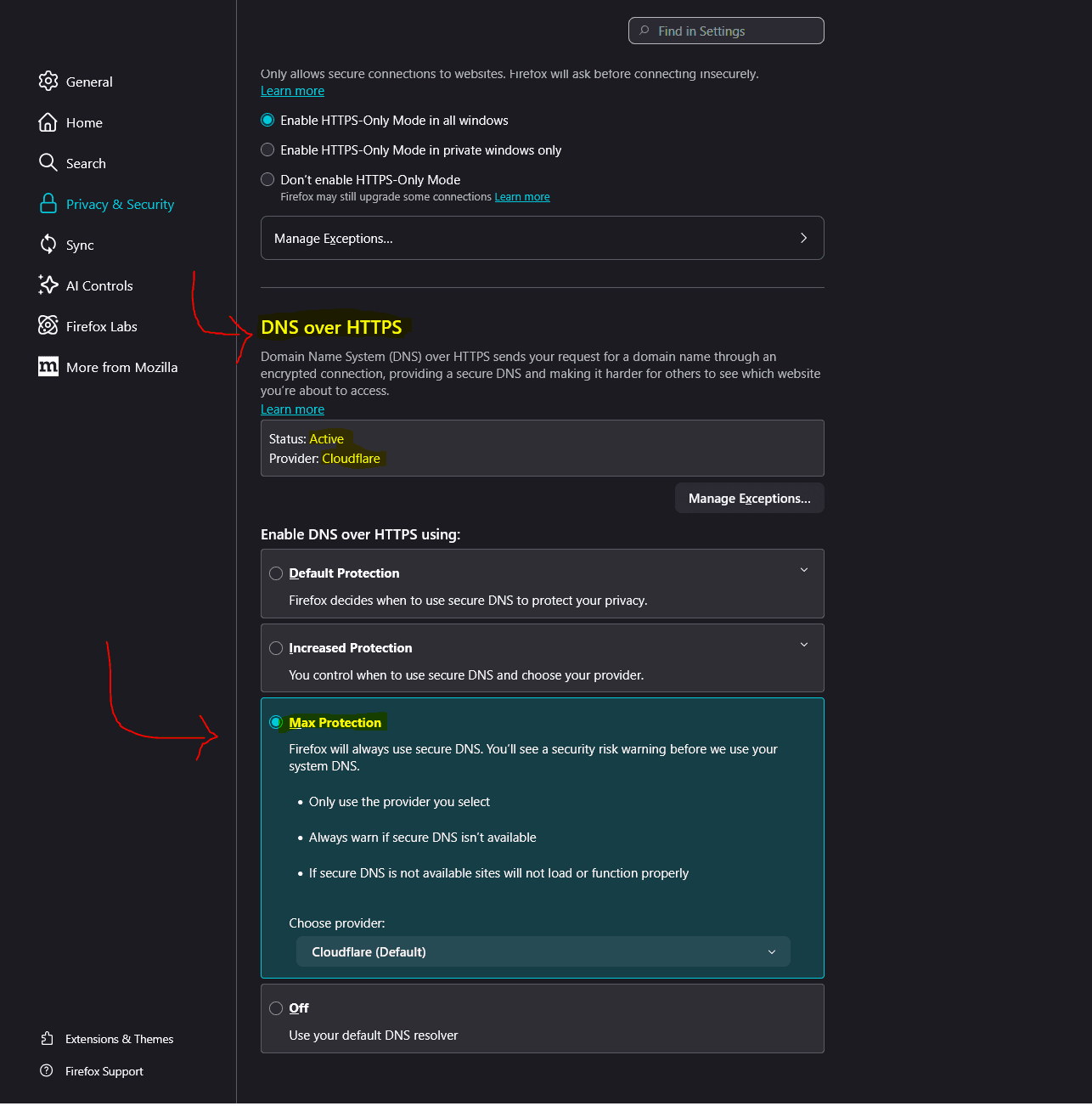 Firefox privacy and security settings panel