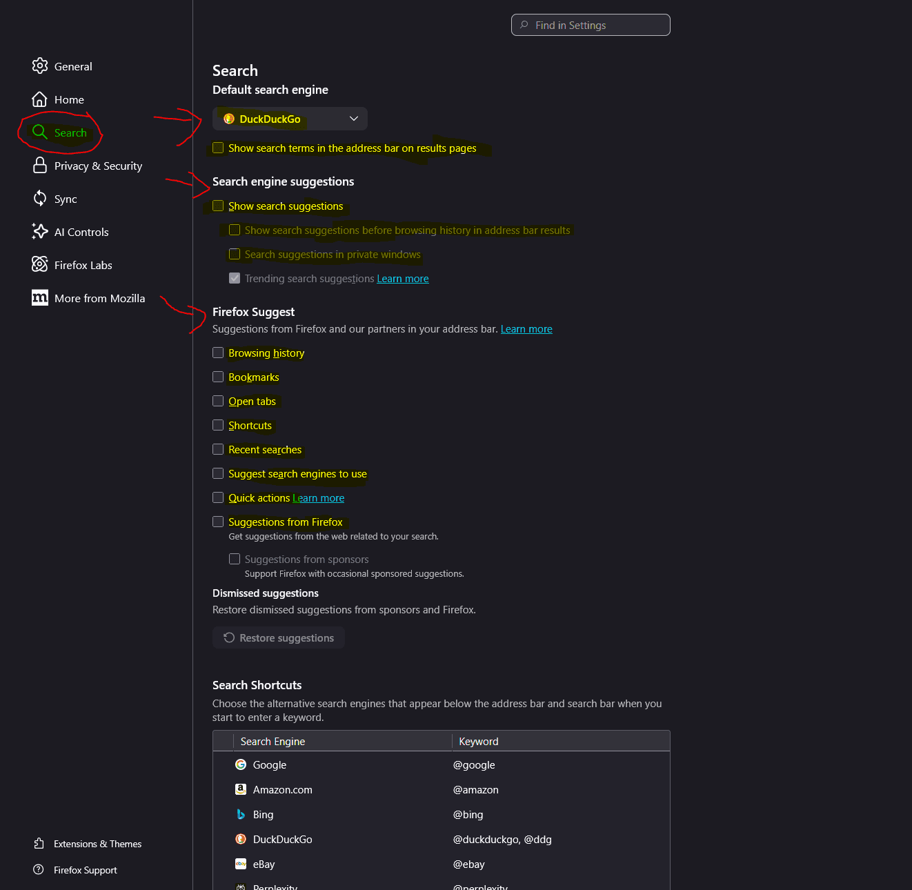 Firefox Search settings panel