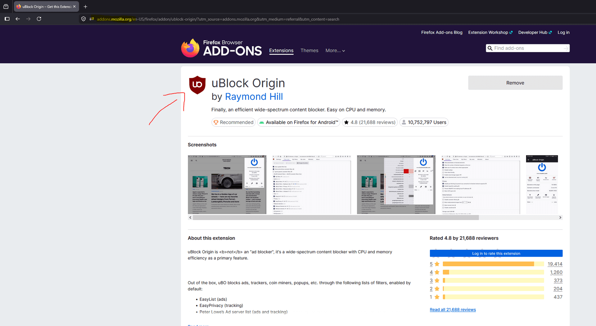 Firefox uBlock Origin installation panel