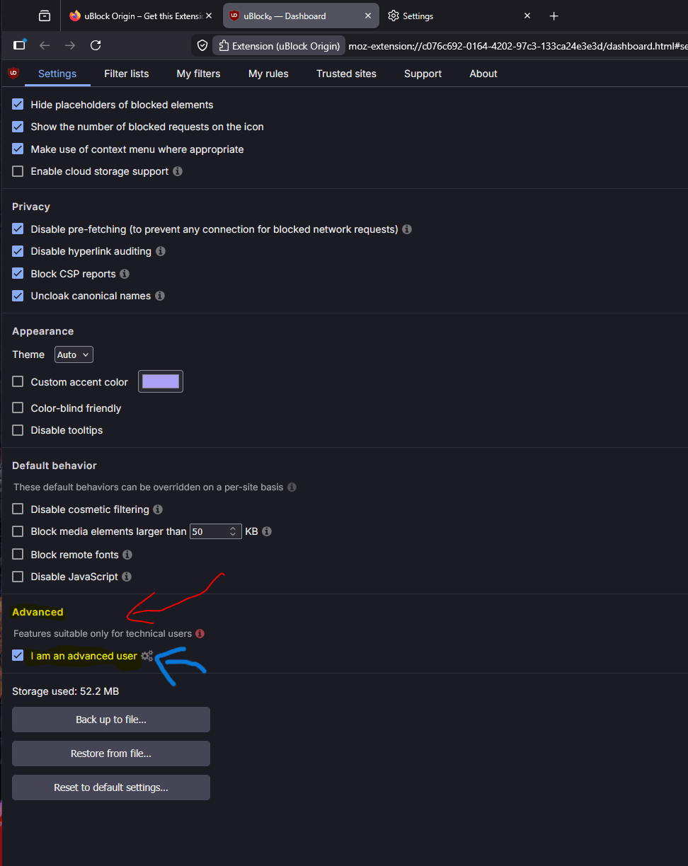 Firefox uBlock Origin settings panel