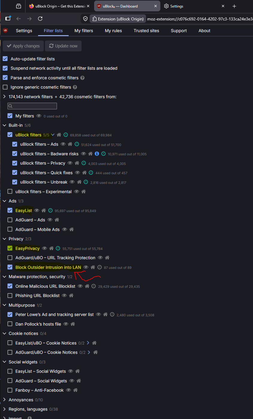 Firefox uBlock Origin settings panel