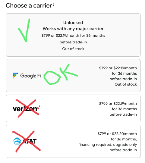 Carrier selection on the Google Store for a Pixel phone, listing four choices: Unlocked (works with any major carrier), Google Fi, Verizon, and AT&T. Select the Unlocked option.